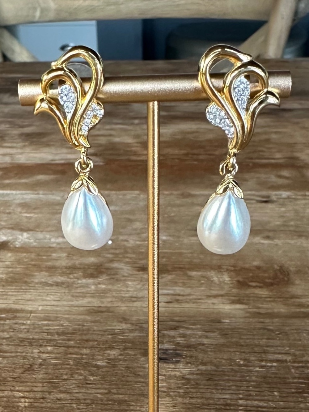 Vintage Gold Tone Faux Pearl Drop Earrings w/ Rhinestone Accents